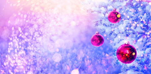 Christmas and New Year holidays background, greeting card. Glitter lights backdrop. Winter season. Text space. Closeup of Christmas-tree.