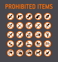 Prohibition signs collection security control in stadium during mass events.