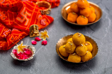 Motichoor Ladoo or Laddu - made from fine bundi, ball shaped sweets popular in indian subcontinent cooked with sugar, ghee or oil