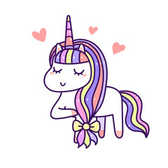 Kawaii beauty hair unicorn standing pastel color, happy cartoon vector
