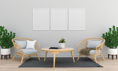 Three blank photo frame for mockup in living room, 3D rendering