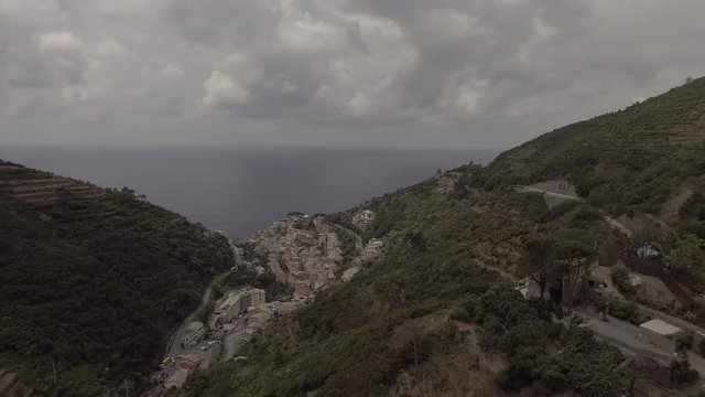 Aerial shot Top View of the italien village monterosso and the mountains