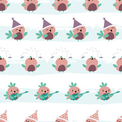 Cute cartoon robins in purple, pink and teal having fun dancing, singing and playing guitar. Seamless vector pattern on grunge effect striped ice blue and white background. Great for Christmas