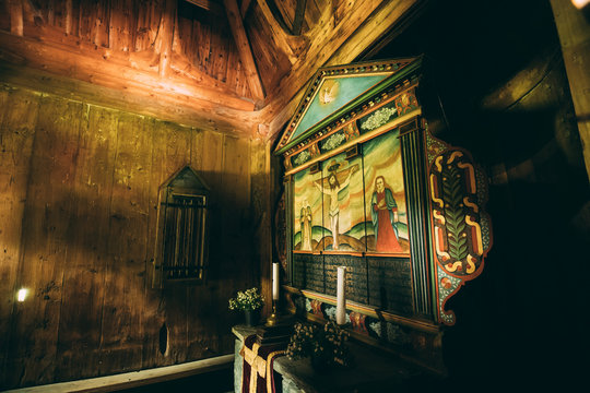 Borgund, Norway. Interior Of Famous Wooden Norwegian Landmark Stavkirke. Ancient Old Wooden Triple Nave Stave Church