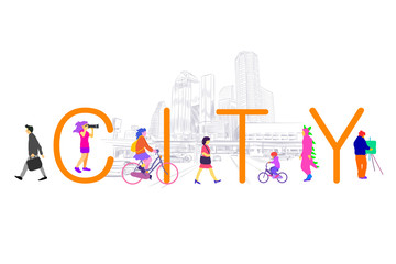 Group of different people living in the city. Urban life. City life. Flat design concept. 