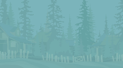 cartoon rural house with a fence in fir trees