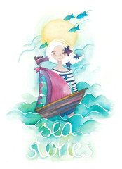Sea stories. Young girl playing with sea waves.