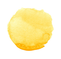 Yellow watercolor spot in the form of a circle on a white background. Figure created in the...