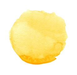 Yellow watercolor spot in the form of a circle on a white background. Figure created in the technique of sketch ink handmade. Summer. Sun. Abstract artistic frame, place for text or logo. © supergrey