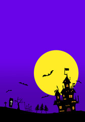 Halloween background material. Castle, bats and grave. ハロウィンの背景素材. 城、コウモリ、墓。
