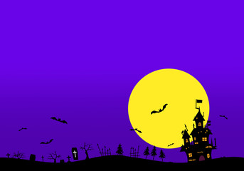 Halloween background material. Castle, bats and grave. ハロウィンの背景素材. 城、コウモリ、墓。