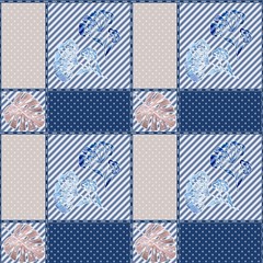 Seamless abstract pattern. Beige-blue ornament. Stripes, polka dots and flowers. Tablecloth.