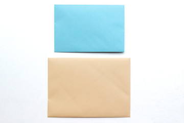 Blank paper envelopes, letters for mail on white background, flat lay, top view. Concept postal...