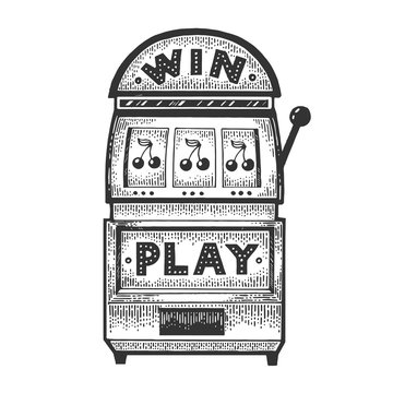 Slot machine gambling device sketch engraving vector illustration. Casino object. Scratch board imitation. Black and white hand drawn image.