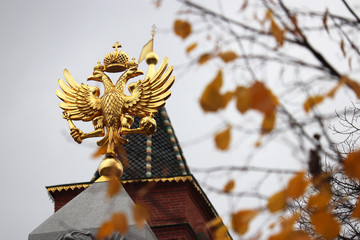 Two-headed eagle, view view through autumn branches to Moscow Kremlin. Russian emblem, golden double headed eagle