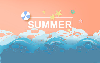 illustration of Beautiful summer beach poster background. Creative design paper cut and craft style. Summertime sea wave for card and banner.minimal pastel color.Holiday space your text.vector. EPS10
