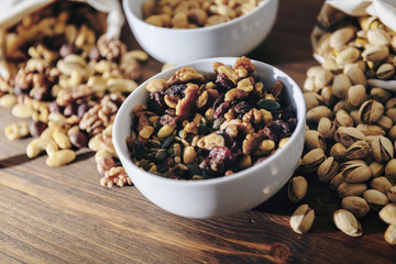 white bowl with mixed nuts and dry fruits