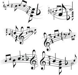 Curly musical scores with notes and G clef. Vector set musical scores.