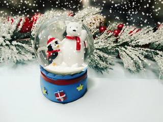 christmas snow ball on fir tree branch with cones and snow on background