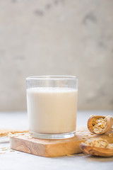 The concept of a vegetarian diet. Oat milk in the glass with jug of milk and oat.  Light background