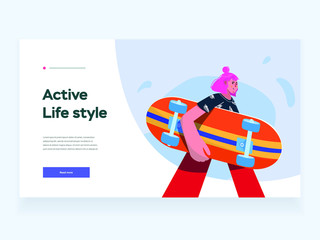 Women walking skateboarding in the summer. Teen skateboarders are posing and standing. Doodle art concept, illustration painting. Landing pages website