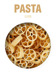 Pasta ruote, located behind a round hole with shadows from it, are isolated on a white background with an inscription pasta ruote.
