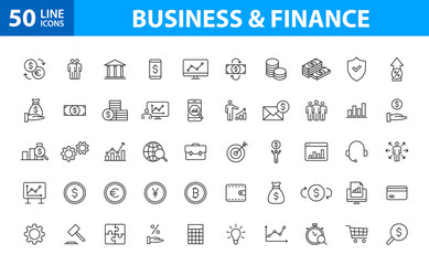 Fototapeta na wymiar Set of 50 Business and Finance web icons in line style. Money, dollar, infographic, banking. Vector illustration.