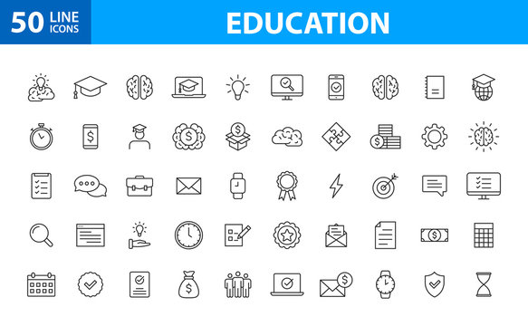Set of 50 Education and Learning web icons in line style. School, university, textbook, learning. Vector illustration.