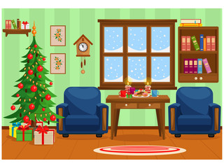 Vector illustration of Christmas living room with Christmas tree, gifts, table with treats and snow-covered window.