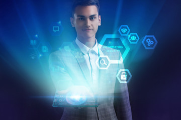 The concept of business, technology, the Internet and the network. A young entrepreneur working on...