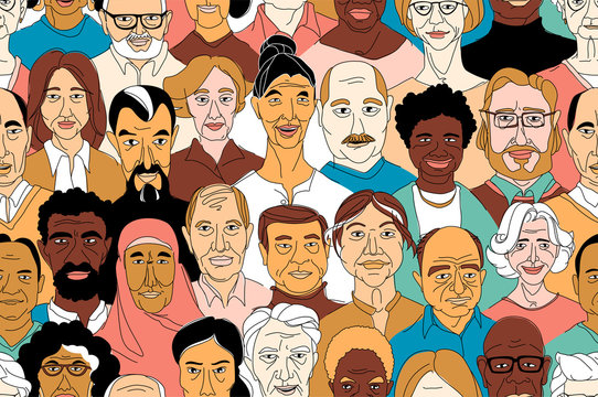 Senior women's men's head portraits grunge line drawing set doodle poster
