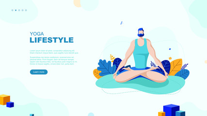 Trendy flat illustration. Yoga Lifestyle page concept. Man doing yoga. Activity. Fitness. Template for your design works. Vector graphics.