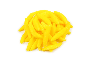 Juicy colorful jelly banana sweets isolated on white. Gummy candies.