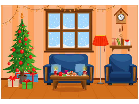 Vector illustration of Christmas living room with Christmas tree, gifts, sofa, table with treats and snow-covered window.