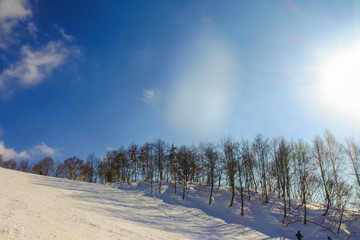 Landscape and Mountain view of Nozawa Onsen in winter , Nagano, Japan.