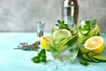 Cucumber and lemon refreshing drink with mint.