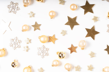 Fototapeta na wymiar Christmas flat lay scene with golden decorations
