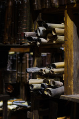 paper scrolls in alchemy laboratory /