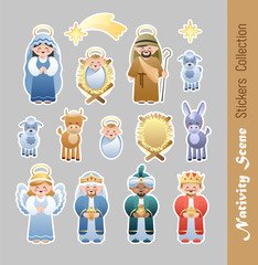 Nativity Scene Stickers Collection. Cute cartoon characters. Vector illustration without transparency.