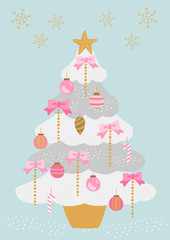 白とピンクのクリスマスツリー　水色背景