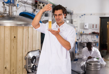 Young man expert is standing with flask for beer and analizying