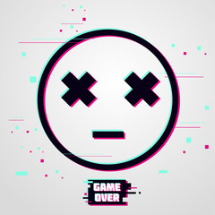 Game over vector background. Emoticon with glitch effect. Cyber gamer poster. - obrazy, fototapety, plakaty