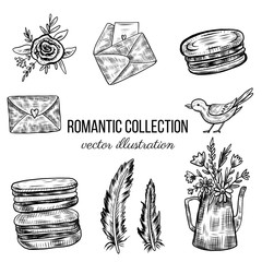 Romantic retro set envelope, watering can with flower, bird, feather, macaroons hand drawn ink sketch, vector illustration isolated on white, decorative vintage for design scrapbook, greeting card © m_e_l