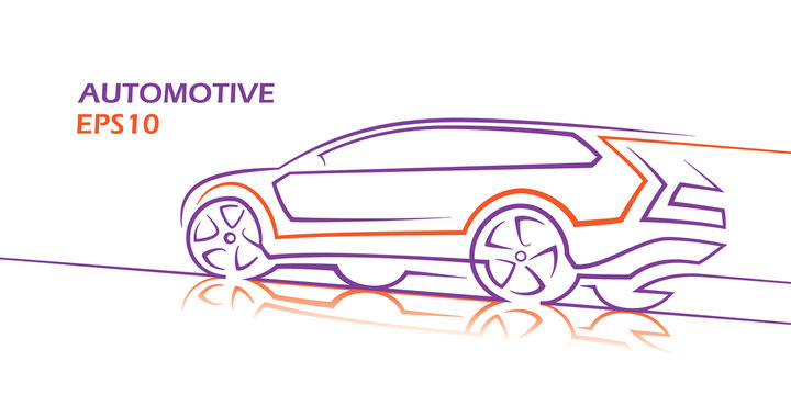 Line drawing of car on white background. Abstact car outline. Vector, text outlined (only for preview). 
