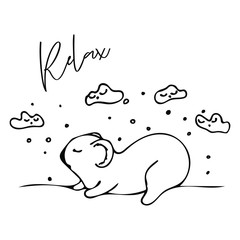 Hand-drawn black and white cute animal lying in a pose of relaxation on a white isolated background, for use in design children's poster, postcard, print