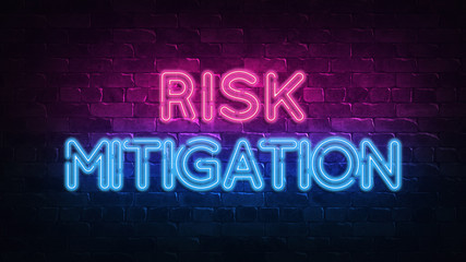 Risk mitigation neon sign. purple and blue glow. neon text. Brick wall lit by neon lamps. Night lighting on the wall. 3d illustration. Trendy Design. light banner, bright advertisement