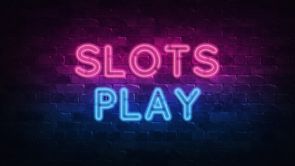 Slots Play neon sign. purple and blue glow. neon text. Brick wall lit by neon lamps. Night lighting on the wall. 3d illustration. Trendy Design. light banner, bright advertisement