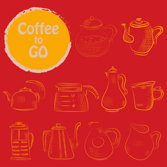 Set of doodle hand drawn sketches isolated on chalkboard background. Design elements for cafe menu or coffee shop.
