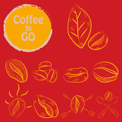 Set of doodle hand drawn sketches isolated on chalkboard background. Design elements for cafe menu or coffee shop.
