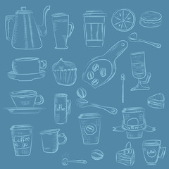 doodle hand drawn pattern sketches isolated on chalkboard background. Design elements for cafe menu or coffee shop.